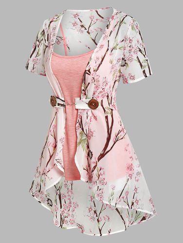 Women Vacation Chiffon Irregular Allover Peach Blossom Floral Print Blouse and Camisole Set Clothing Xxl - DressLily.com - Modalova