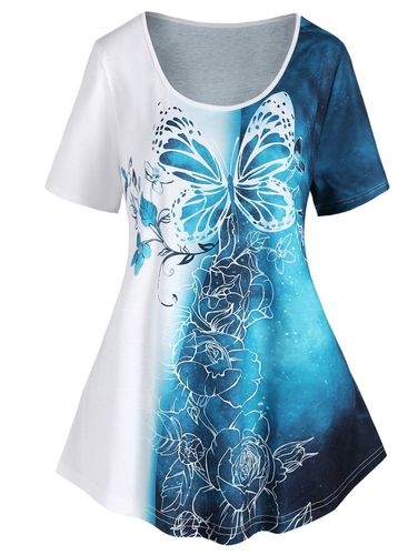 Women Colorblock Ombre Butterfly Flower Galaxy Print Tee Clothing Xxl - DressLily.com - Modalova