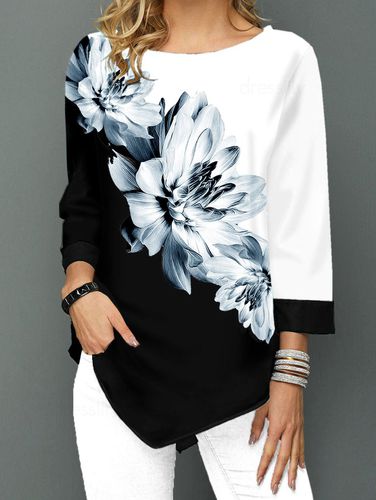 Women Casual T Shirt Colorblock T Shirt Ink Painting Flower Asymmetrical Hem Tee Clothing 2xl - DressLily.com - Modalova