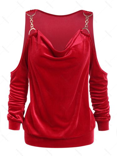 Dresslily Women Cold Shoulder Velour Top Metal D-ring Chain Long Sleeve Cowl Neck Top Clothing L - DressLily.com - Modalova