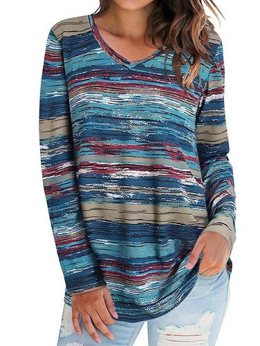 Dresslily Women Colored Printed T Shirt Long Sleeve T Shirt V Neck Casual Tee Clothing M - DressLily.com - Modalova
