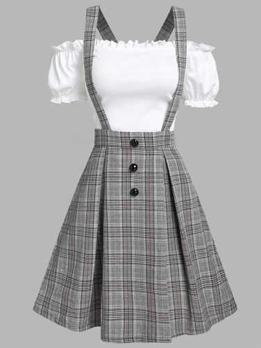 Women Vintage Ruched Off The Shoulder Tee and Crisscross Plaid Suspender Skirt Set L - DressLily.com - Modalova