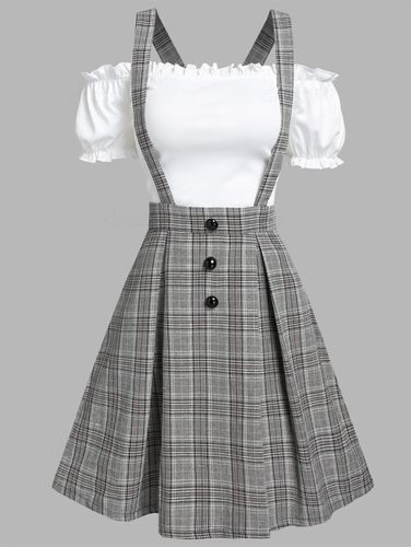 Women Vintage Ruched Off The Shoulder Tee and Crisscross Plaid Suspender Skirt Set Xxl - DressLily.com - Modalova