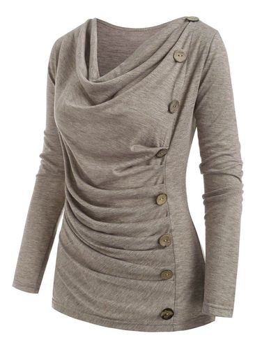 Dresslily Fashion Women Plus Size T-shirt Cowl Neck Ruched Mock Button T-shirt Long Sleeve Curve Tee Clothing 5x - DressLily.com - Modalova
