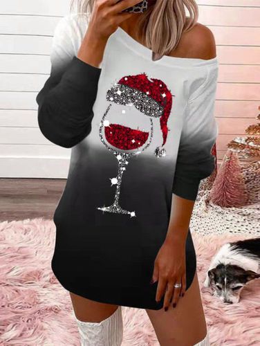 Fashion Women Christmas Sparkly Cap Cup Ombre Print Mini Dress Skew Collar Long Sleeve Sweatshirt Dress Clothing Online - DressLily.com - Modalova