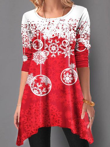 Dresslily Fashion Women Christmas Ball Snowflake Print Asymmetric Top Full Sleeve Contrasting Xmas Top - DressLily.com - Modalova