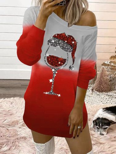 Women Christmas Sparkly Cap Cup Ombre Print Mini Dress Skew Collar Long Sleeve Sweatshirt Dress Clothing 2xl - DressLily.com - Modalova