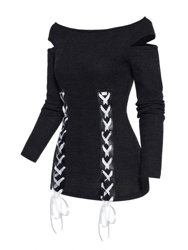 Women Lace Up Knit Top Two Tone Color Cut Out Long Sleeve Pullover Knitted Top Clothing M - DressLily.com - Modalova