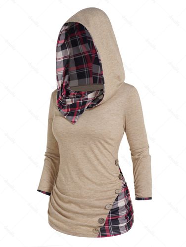 Dresslily Women Heather Hooded Top Plaid Print Panel Ruched Mock Button Long Sleeve Top With Hood Clothing L - DressLily.com - Modalova