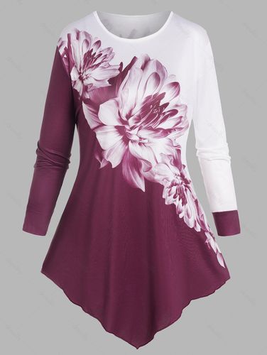 Women Casual T Shirt Colorblock T Shirt Ink Painting Flower Asymmetrical Hem Tee Clothing L - DressLily.com - Modalova