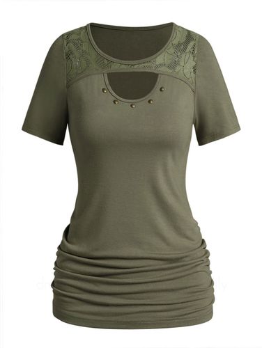Women Plain Color T Shirt Hollow Out Lace Panel Rivet Peekaboo Cut Ruched Tee Clothing M - DressLily.com - Modalova
