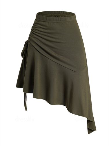 Women Plain Color Skirt Cinched Asymmetrical Hem Flounce Elastic Waist A Line Mini Skirt Clothing M - DressLily.com - Modalova