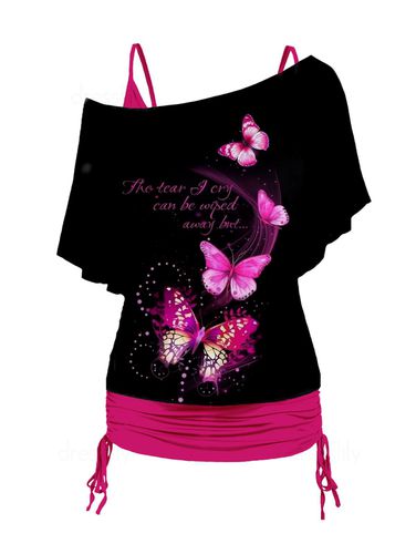 Dresslily Fashion Women Plus Size Butterfly and Letter Print Oblique Shoulder T Shirt Cinched Ruched Tank Top Set Clothing L - DressLily.com - Modalova