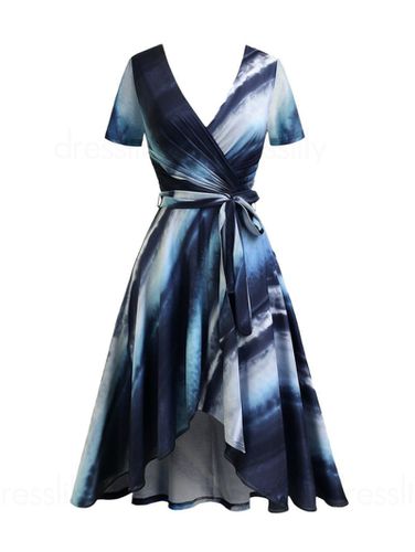 Dresslily Women Tie Dye Print Surplice Dress Belted Asymmetrical Hem Midi Dress Clothing Xl - DressLily.com - Modalova