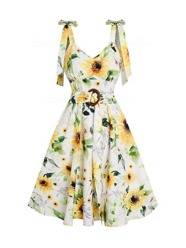 Dresslily Women Sunflower Print Vacation Dress Bowknot Shoulder Strap O Ring Self-belt Mini Dress Clothing S - DressLily.com - Modalova