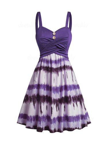 Dresslily Women Tie Dye Print Dress Mock Button Crossover High Waisted Sleeveless A Line Mini Dress Clothing Xl - DressLily.com - Modalova