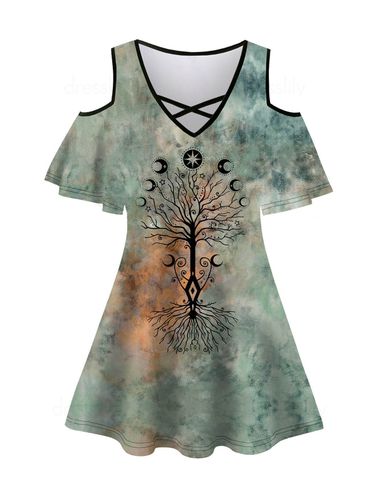 Women Tie Dye Tree Print T Shirt Crisscross V Neck Cold Shoulder Casual Tee Clothing L - DressLily.com - Modalova