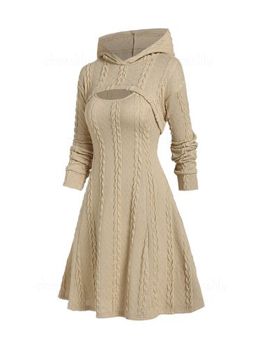 Women Hooded Cable Knit Arm Warmer Sweater and Mini Dress Set Clothing L - DressLily.com - Modalova