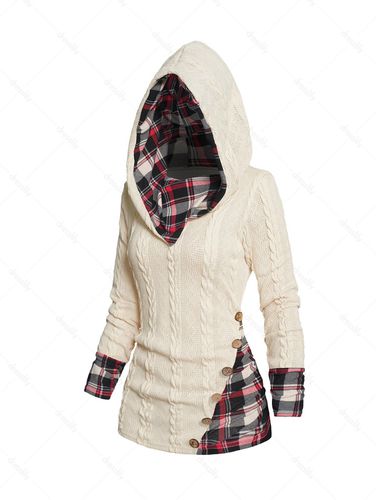 Dresslily Women Tops Twisted Cable Knit Plaid Print Hooded Sweater Mock Button Ruched Shawl Neck Sweater Clothing Online M - DressLily.com - Modalova