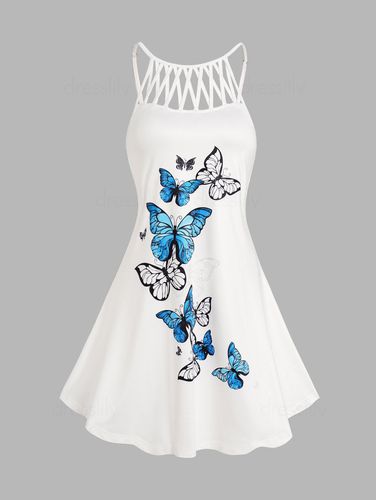 Dresslily Women Colored Butterfly Print Dress Crisscross Sleeveless A Line Mini Dress Clothing M - DressLily.com - Modalova