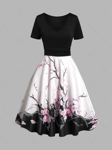 Dresslily Women Ink Painting Print Dress Ruched Side Short Sleeve Casual Mini Dress Clothing L - DressLily.com - Modalova