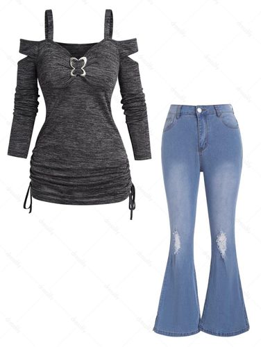 Dresslily Cold Shoulder Cinched Heathered Cut Out Long Sleeve Top And Ripped Light Wash Flare Jeans Outfit S - DressLily.com - Modalova