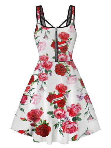 Dresslily Women Allover Rose Flower Print Mini Dress Sleeveless Zipper Detail Cottagecore A Line Tank Dress Clothing Xxl - DressLily.com - Modalova