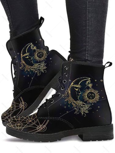 Dresslily Vintage Matin Thin Boots Sun Moon Pattern Lace Up Thick Heels Retro Boots - DressLily.com - Modalova