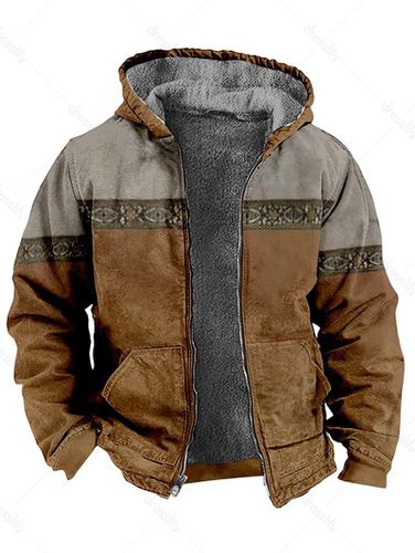 Cheap Men's Contrast Color Fluffy Lining Hooded Coat Tribal Print Zip Up Warm Coat Clothing Online S - DressLily.com - Modalova