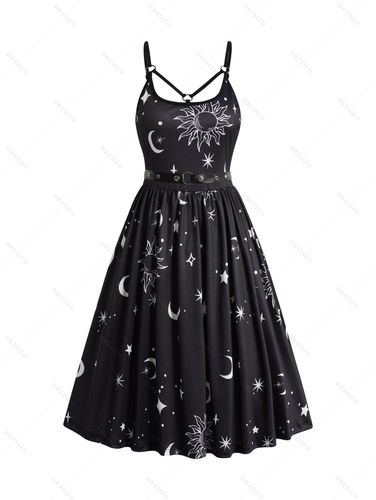 Women Sun Moon Star Print Mini Dress Self-belt O Ring Adjustable Spaghetti Strap Dress Clothing Xxl / us 14 - DressLily.com - Modalova