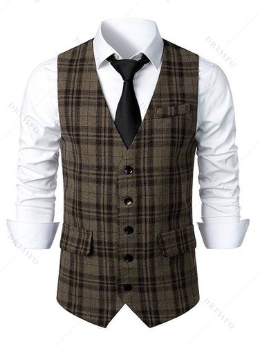 Men plaid double sales breasted pointed hem vest