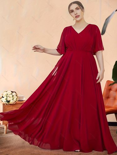Women Plus Size Elegant Bridesmaid Dress Solid Ruffle Sleeve V Neck Maxi Formal Party Dress Clothing Online 1xl / us 12 - DressLily.com - Modalova
