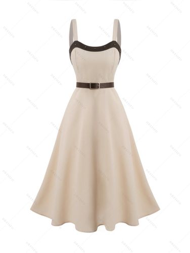 Dresslily Women Contrast Rivets Belted Midi Dress High Waist Sleeveless A Line Dress Clothing S / us 4 - DressLily.com - Modalova