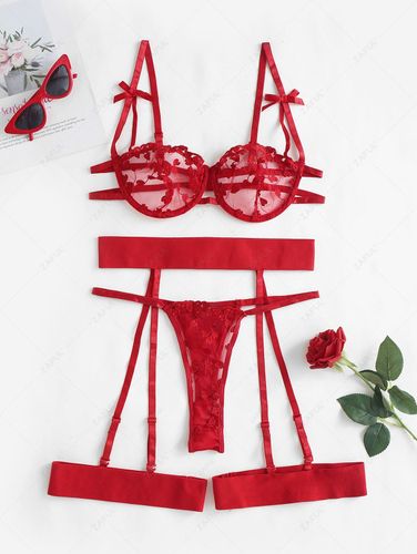 Conjunto de Ropa Interior de Encaje Bowknot Bordado Corazón con Anillos - ZAFUL - Modalova