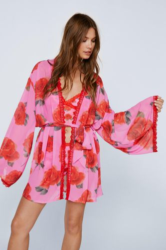 Womens Mesh Contrast Lace Trim Rose Print Mini Gown - - 16 - Nasty Gal - Modalova
