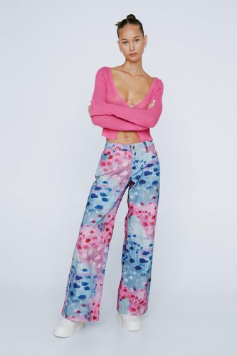 Womens Petite Floral Print Wide Leg Denim Jeans - - 6 - Nasty Gal - Modalova