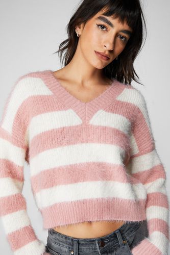 Womens Fluffy Stripe V Neck Knit jumper - - L - Nasty Gal - Modalova