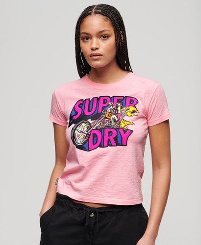Damen Figurbetontes T-Shirt mit Neonfarbener Motorrad-Grafik - Größe: 44 - Superdry - Modalova