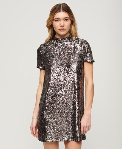 Women's High Neck Sequin T-Shirt Dress Multiple Colours / Silver/Bronze Sequin - Size: 10 - Superdry - Modalova