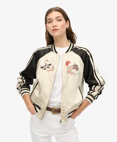 Women's Colourblock Sukajan Embroidered Bomber Jacket, Cream and Black, Size: 8 - Superdry - Modalova