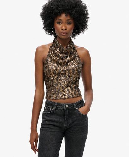 Women's Cowl Halter Neck Sequin Top Brown / Brown Gold Sequin - Size: 10 - Superdry - Modalova