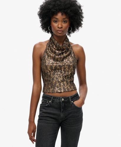 Women's Cowl Halter Neck Sequin Top Brown / Brown Gold Sequin - Size: 8 - Superdry - Modalova