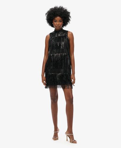 Women's Fringe Sequin A Line Mini Dress Black / Long Fringe Black Sequin - Size: 16 - Superdry - Modalova