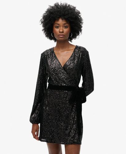 Women's Sequin Velvet Wrap Mini Dress Black / Black Sequin - Size: 10 - Superdry - Modalova