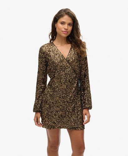 Women's Sequin Wrap Mini Dress Gold/Black / Gold Mega Sequin - Size: 12 - Superdry - Modalova