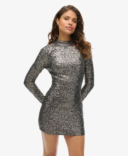 Women's Sequinned Mock Neck Mini Dress Silver / Gunmetal Sequin - Size: 12 - Superdry - Modalova