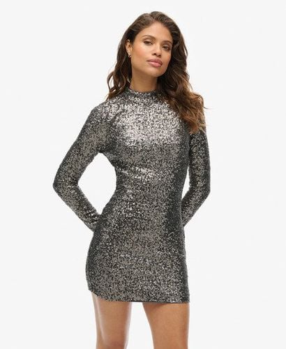 Women's Sequinned Mock Neck Mini Dress Silver / Gunmetal Sequin - Size: 6 - Superdry - Modalova