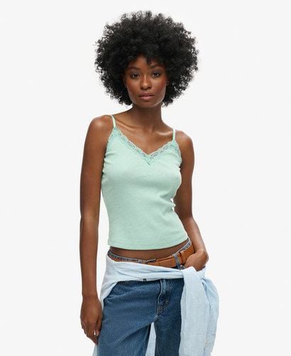 Women's Organic Cotton Vintage Rib Lace Trim Cami Top Green / Minted Green Marl - Size: M/L - Superdry - Modalova