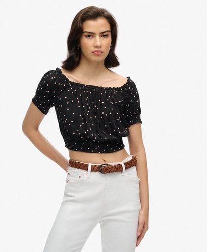 Women's Smocked Short Sleeve Crop Top Black / Shadow Spot Black - Size: 8 - Superdry - Modalova