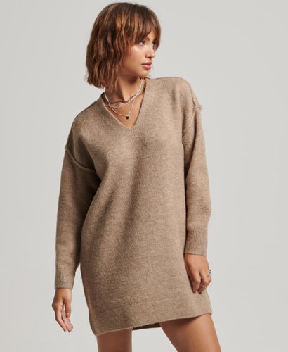 Women's Knitted V Neck Jumper Dress Beige / Deep Camel Marl - Size: 10 - Superdry - Modalova